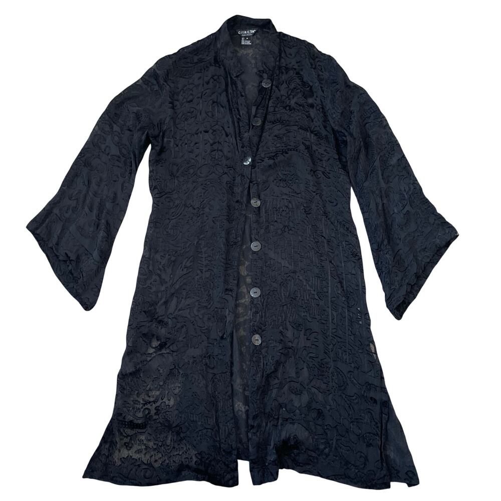 Citron Santa Monica Black Sheer Floral Silk Blend Blouse Dress Button Up sz S